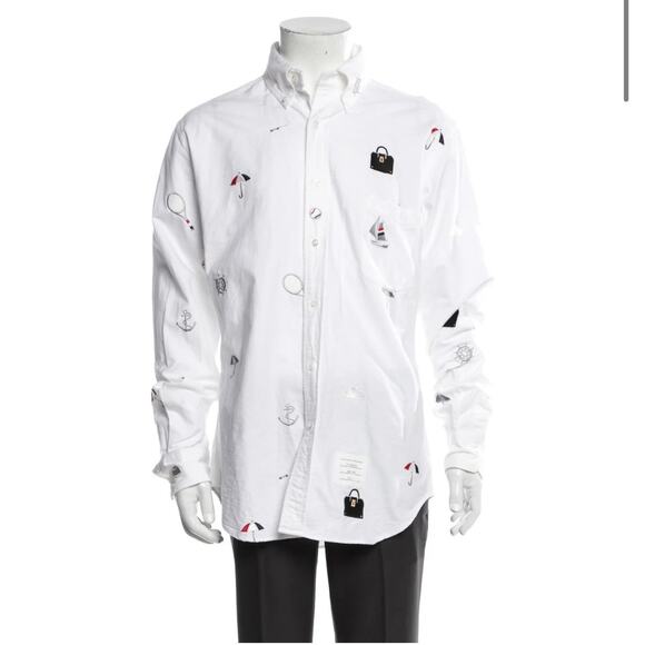 Thom Browne Travel Icon Embroidery Shirt Men White Button Down Long Sleeve Sz M - Picture 4 of 6